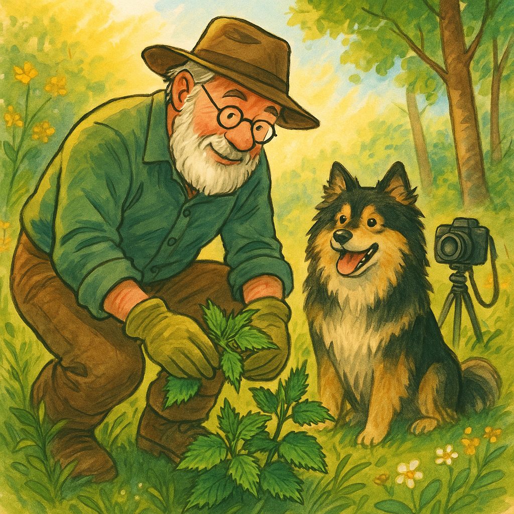 Onkel Friedrich mit Hund in den Brennnesseln