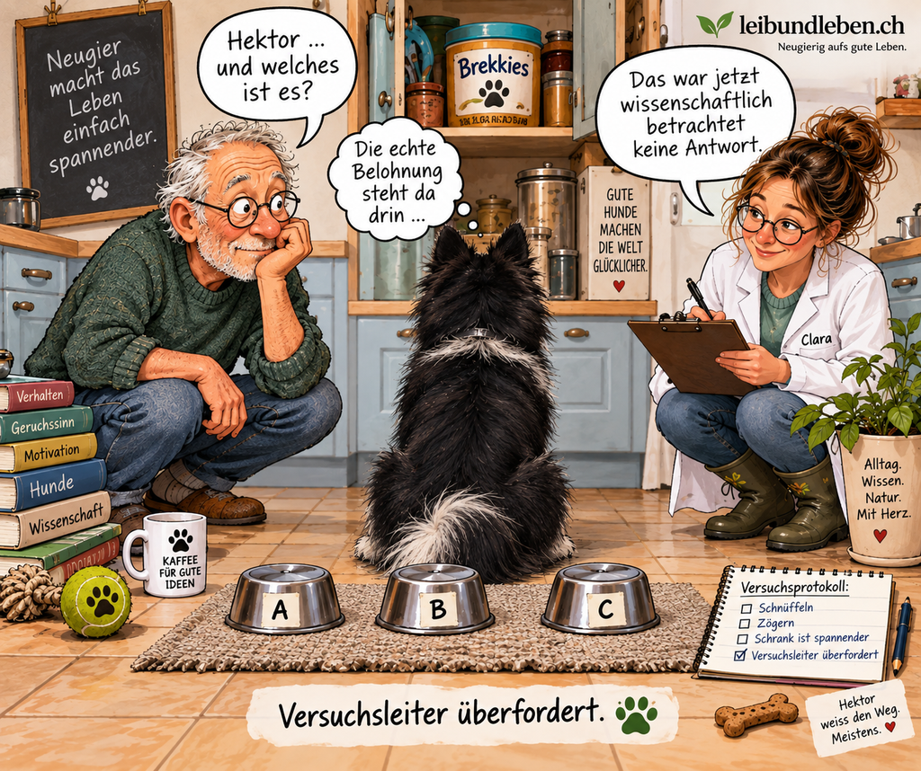 Hektor vor drei Futternäpfen bei einem Geruchstest mit Onkel Friedrich und Clara